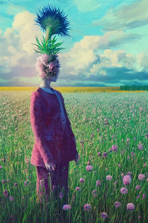 Prompt: portrait, gigantic thistle flower under head, a girl in a suit in field of flowers, surreal photography, sunrise, blue sky, dramatic light, impressionist painting, digital painting, artstation, simon stalenhag