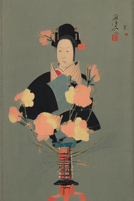 Image similar to a elegant japanese robot with fluo color detail, and muted arm colors, on top of dutch master painting of flowers