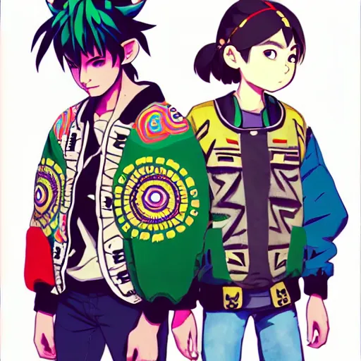 Prompt: majora majora's mask wearing oversized mayan bomber jacket with overalls, bulky poofy bomber jacket with mayan patterns, aztec street fashion, botw art style, gapmoe yandere grimdark, trending on pixiv fanbox, painted by greg rutkowski makoto shinkai takashi takeuchi studio ghibli, akihiko yoshida