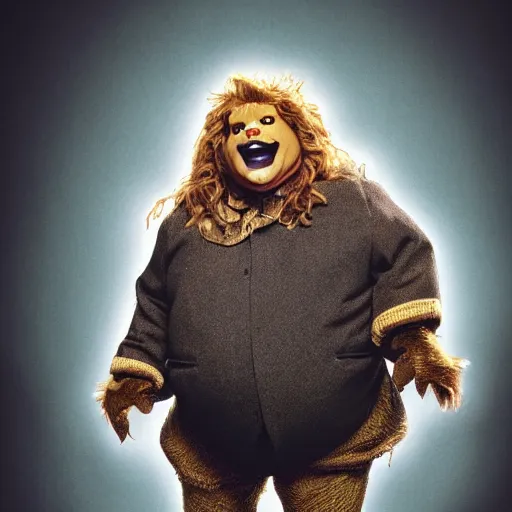 Image similar to snl chris farley as the cowardly lion of oz, studio poster photography, trending on artstation, featured on deviantart, award winning costume