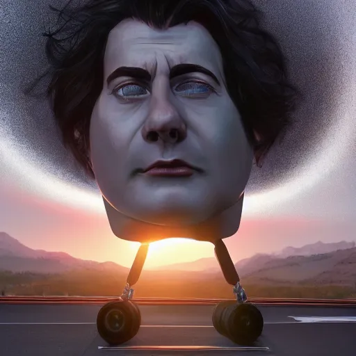 Image similar to Giant head of David Copperfield, dark hair, heavy eyebrows, on the top of a robotic vehicle with wheels running on a californian highway, rays of light, particles light, kuvshinov ilya, unreal engine, by sasha kalinkin