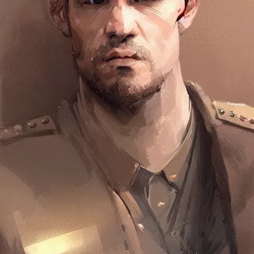 Image similar to Portrait of a man by Greg Rutkowski, he is about 30 years old, short copper hair, attractive, military composure, younger brother vibes, he is wearing futuristic military fatigues, cool uncle vibes, highly detailed portrait, digital painting, artstation, concept art, smooth, sharp foccus ilustration, Artstation HQ.