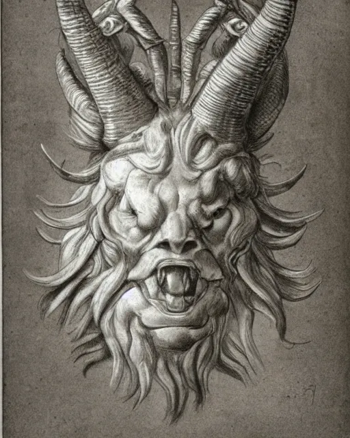 Image similar to a creature, human eyes, eagle beak, lion mane, two horns, drawn by da vinci