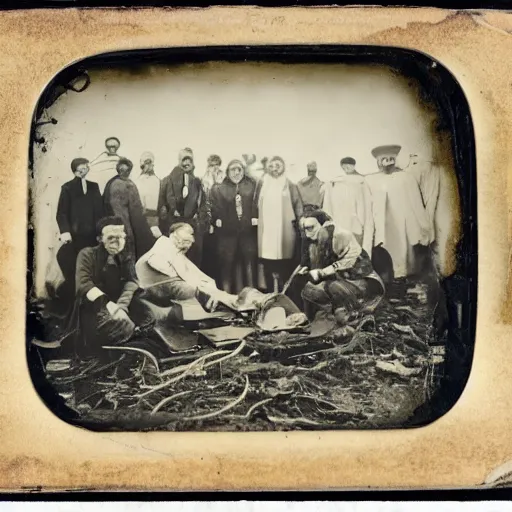 Prompt: daguerreotype of scientists examining a crashed ufo, hyper realistic,