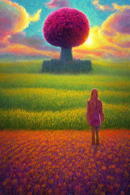 Image similar to giant flower face, girl standing in flower field, surreal photography, big trees, sunrise dramatic light, impressionist painting, colorful clouds, digital painting, pointillism, artstation, simon stalenhag