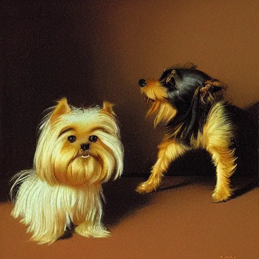 Image similar to Yorkshire terrier dog, long hair, extremely detailed masterpiece, illustration, by Michael Sowa,