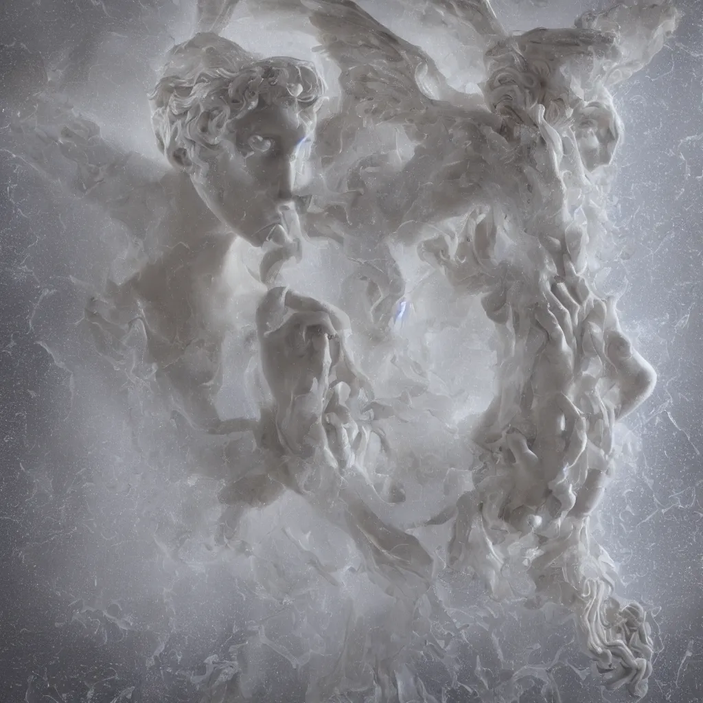 Image similar to realistic digital painting of a stunning intricate cracked white marble falling angel with face of piero angela bernini sculpture, trailing white vapor, mycelium stands and misty xparticles neutral tone background, trending on artstation, hyperrealism, matte painting, subsurface scattering