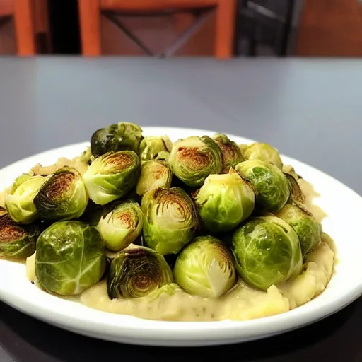 Image similar to brussel sprouts on white gravy , mashed potatoes, Michelin star, award winning