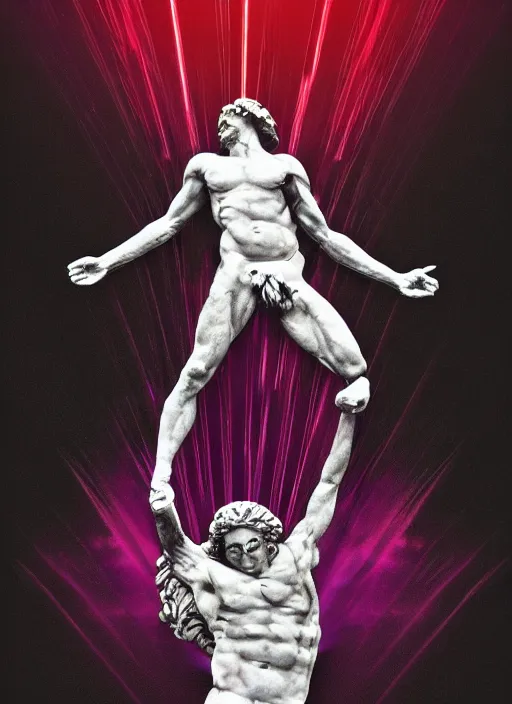 Image similar to elegant dark design poster showing a greco roman statue of apollo, black background with very subtle red and purple design elements, bold, powerful, nekro, vito acconci, thin straight purple lines, dark, glitch art, neo vaporwave, gritty, layout frame, square, trending on artstation