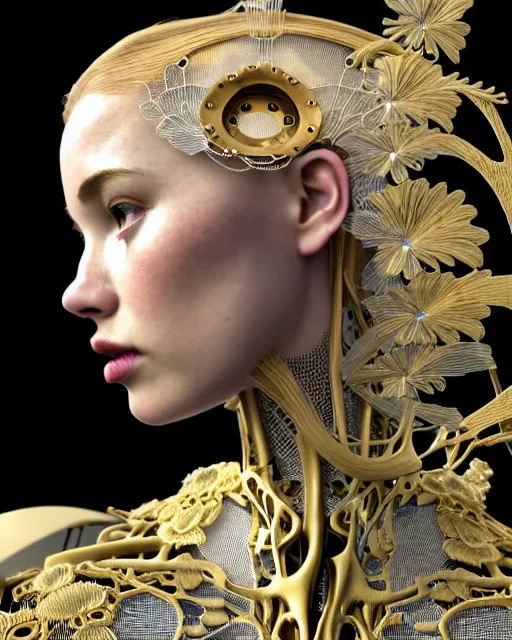 Image similar to uhd 3 d render, stunningly beautiful young teen angelic alluring biomechanical female cyborg with an obsidian profile face, rim light, big floral petals and stems, roots, fine foliage, lace, alexander mcqueen, art nouveau fashion embroidered collar, dieselpunk, gold filigree details, hexagonal mesh wire, ifs reflection, elegant, artstation trending