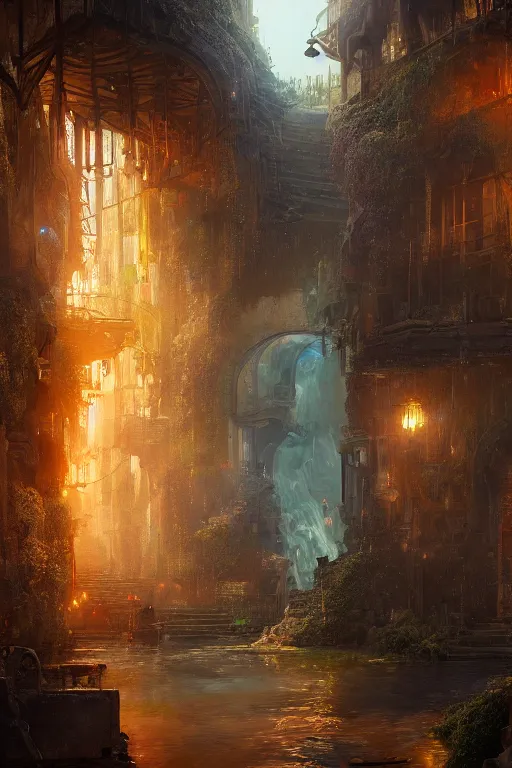 Image similar to inside the antique street of atlantis the city of water, waterfall, intricate, elegant, volumetric lighting, digital painting, highly detailed, artstation, sharp focus, illustration, concept art, ruan jia, steve mccurry