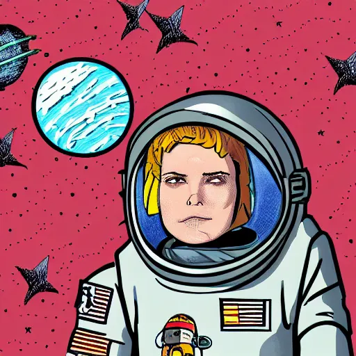 Prompt: illustration of butch tomboy stoic emotionless square - jawed heroic blonde woman astronaut wearing patched punk spacesuit, space helmet with stickers on it, stealing a rocket, pen and ink, ron cobb, mike mignogna, comic book, black and white, science fiction, punk, grunge, used future, illustration, comic book cover, - ar 1 6 : 9