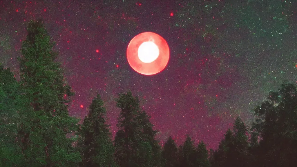 Prompt: (((psychedelic))) 8k ultra realistic night time photography of a mystical cosmic night sky with red smoke and a perfect huge full moon, A glimpse through a small gap in the dark green dense foliage!! and overgrowth and the trees of the huge full moon over water in a dark sky. wreathed in red smoke!!!, mist, starlight, night-time, volumetric lighting, dark enclosed, cozy, quiet forest night scene, spangled, cosmic