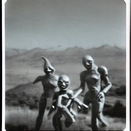 Image similar to polaroid photograph of horrorific extraterrestrial beings visiting earth, 1 9 5 0