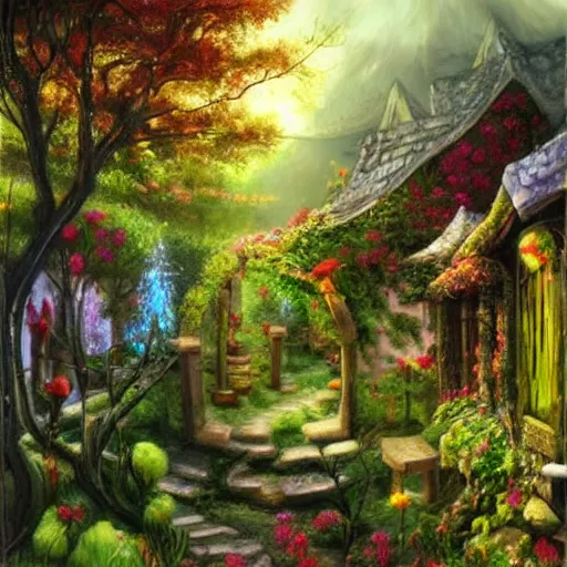 Prompt: garden in an elven village, fantasy, oil painting, ethereal