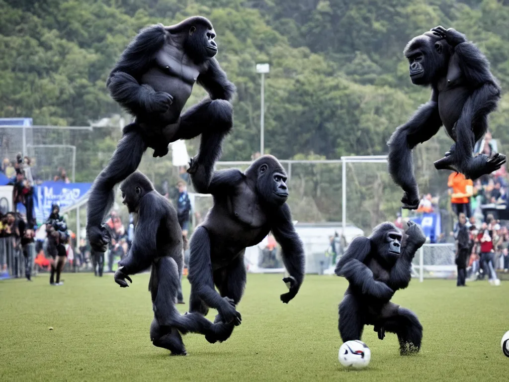 Image similar to a gorilla jumping to head the ball on a corner kick, vivid