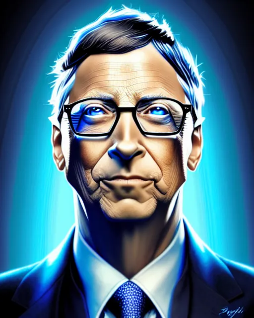 Image similar to symmetry portrait of blue color bill gates, glam, power, glowing lights intricate, elegant, highly detailed, digital painting, artstation, concept art, smooth, sharp focus, illustration, art by artgerm and greg rutkowski and fra angelico and unreal engine 5