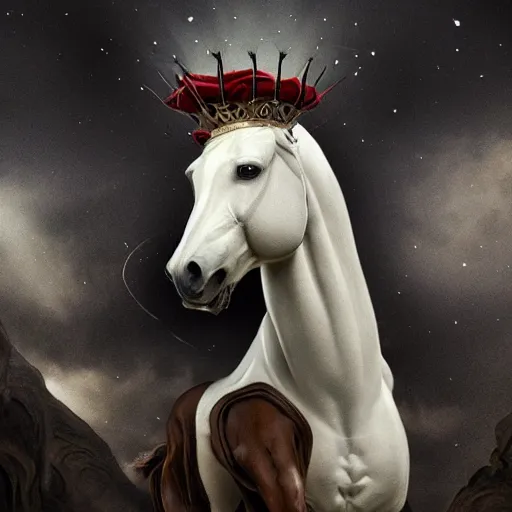 Image similar to a masterpiece!! matte painting of a handsome!! man riding on a majestic!! white horse with eyes like flames!!!, many crowns!! upon his head, a robe dipped in blood!, by gustav dore and paul barson, 8 k, uhd, trending on artstation, octanerender!!, crepuscular!!