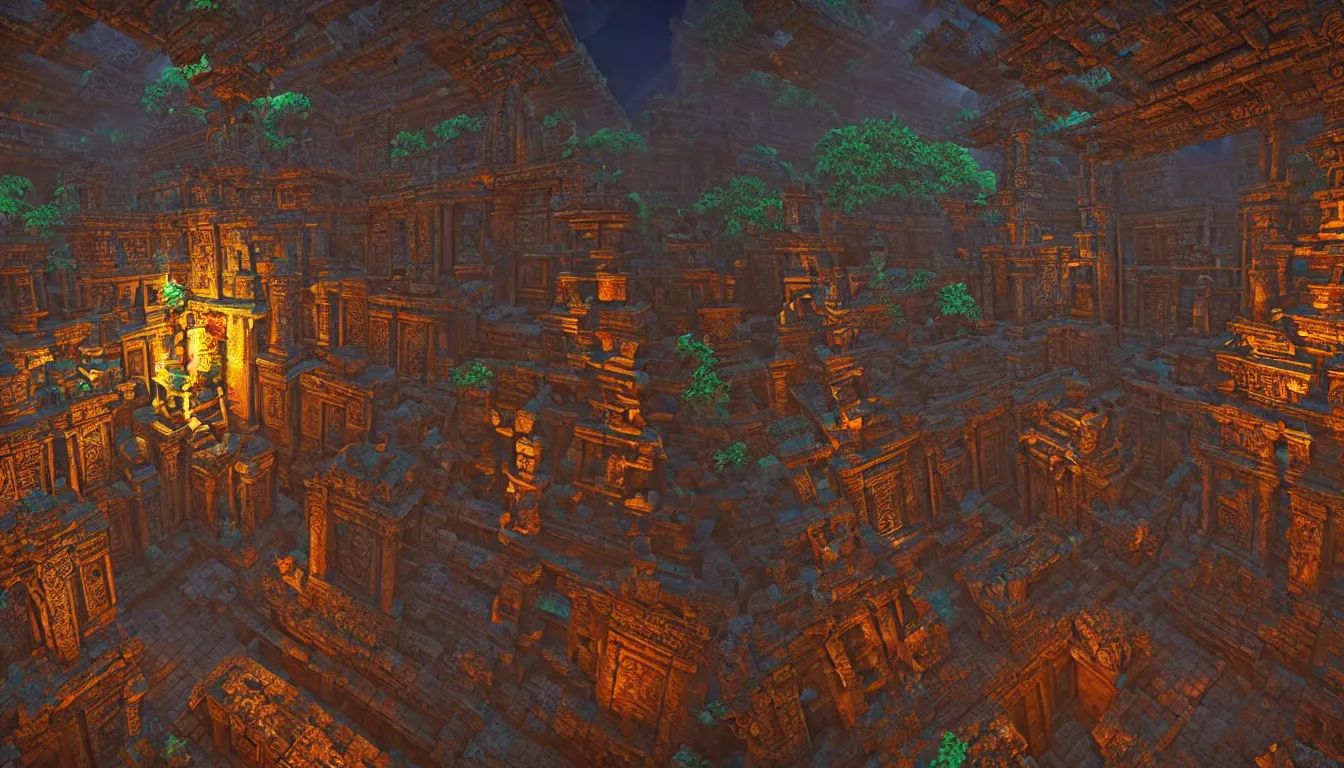 Image similar to ancient mayan temple halls , side-scrolling 2d platformer game level, glittering dust in the air illuminated by the dusk sun through the ceiling cracks, fantasy gigantic religious totem ruins with intricate mayan glyphs, volumetric light , detailed carved ornaments, rich color, upscale , 8k