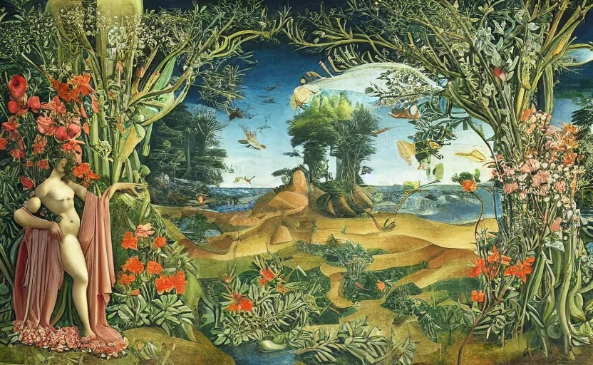 Prompt: mural depicting a lush floral oasis in a beautiful alien world, sci fi world, fantasy world, in the style of sandro botticelli, caravaggio, albrecth durer