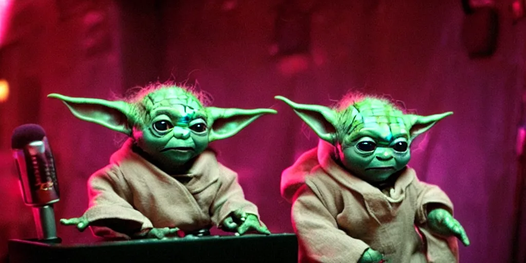 Prompt: baby yoda sings karaoke, rgb ambient lighting, dramatic lighting, style of mandalorian, rougue one, space oddessy 2 0 0 1