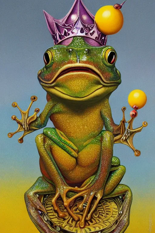 Prompt: a giant amazonian fairy tale tree frog with a ceramic pot on his head like a crown walking upright on a yellow sky background, lowbrow, minimalistic, louis wain, magical realism, kevin sloan,