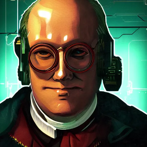 Prompt: cyberpunk benjamin franklin as the leader of a futuristic communist society, cybernetics, sharp lines, digital, artstation, colored in