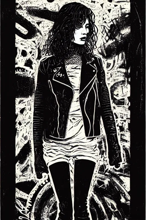 Prompt: dreamy rock girl, black leather jacket, detailed acrylic, grunge, intricate complexity, by dan mumford and by alberto giacometti, peter lindbergh, malevich, william stout