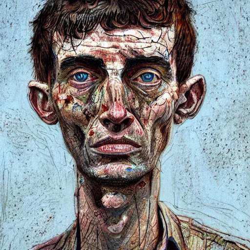 Prompt: a close up portrait of a sad starved soviet prisoner pow with sad eyes, slightly scarred and pitted, hyperrealistic, beautiful, very detailed, intricate complexity, by conrad roset and jean dubuffet and daniel johnston and giacometti, muted pastel colors, wlop, 4 k, beautiful, cinematic dramatic atmosphere, very realistic, soft