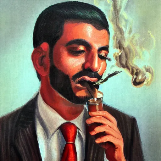 Prompt: a portrait painting of an arab man wearing a suit, smoking hookah, mid shot, medium photograph, photorealistic