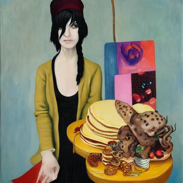 Image similar to tall emo female artist holding an artist's palette, pancakes, in chippendale sydney, gold bars, maple syrup, snails, berries, pigs, octopus, broomstick, acrylic on canvas, surrealist, by magritte and monet