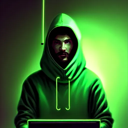 Image similar to portrait of a programmer with green hood by greg rutkowski, neon light