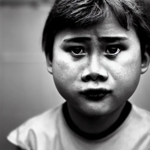 Image similar to portrait of down syndrome xqc, taken by steve mccurry, sharp focus, 4 k editorial photograph, soft lighting, black background