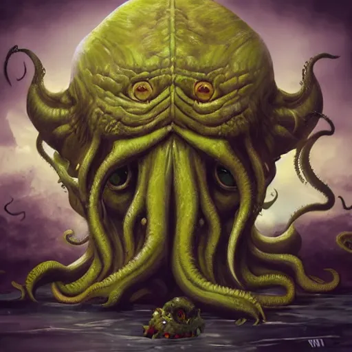 Image similar to human looking at big monstrosity of Cthulhu, chibi style, artstation, cgsociety, by WASU_ART