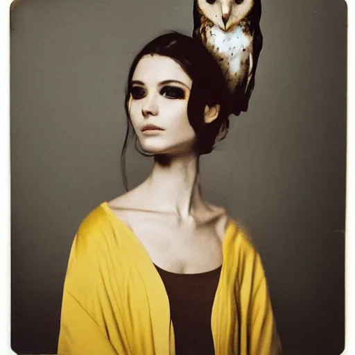 Image similar to head to shoulder portrait Polaroid film photograph of an elegant top model wearing a yellow kimono with a very detailed barn owl on her shoulder!!! in opera . looking at the camera!!. super resolution. Polaroid 600 film. art by Alessio albi and john william waterhouse.