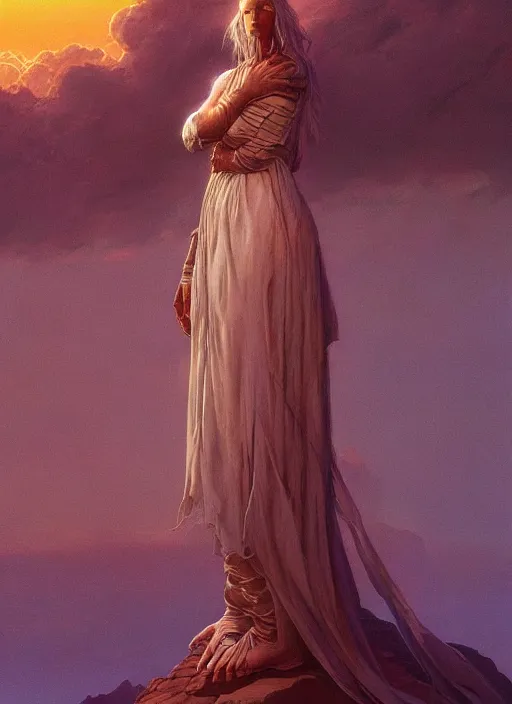 Prompt: biblical beautiful female druid android, birdlike, glowing veins, in clouds, sunset, portrait by wayne barlowe, by peter elson, by anato finnstark, muted colors, by frank frazetta, extreme detail, reflections, trending on artstation, 8 k