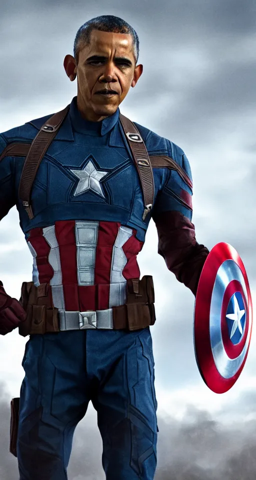 Image similar to Obama as Captain America in the Avengers, final epic scene, closeup still