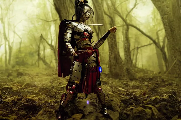 Image similar to vfx movie scene closeup nomad cyborg warrior geisha in a smoldering forest. by emmanuel lubezki