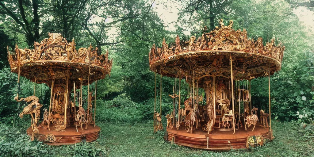 Prompt: an abandoned secret carousel with elaborately intricate carved wooden figures of animals, pine treehouse, astral projection, discovered in a secret garden, hedgemaze, photo taken on fujifilm superia film, 3 5 mm