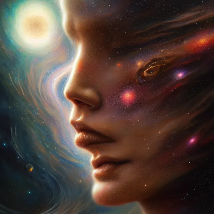 Image similar to closeup portrait shot of a meditation in a galaxy in a scenic dystopian environment, intricate, elegant, highly detailed, centered, digital painting, artstation, concept art, smooth, sharp focus, illustration, artgerm, tomasz alen kopera, peter mohrbacher, donato giancola, joseph christian leyendecker, wlop, boris vallejo