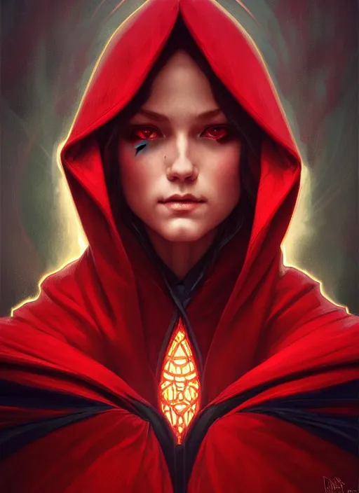 Image similar to symmetry!! portrait of a red hooded wizard, fantasy, intricate, elegant, highly detailed, digital painting, artstation, concept art, smooth, sharp focus, illustration, art by artgerm and greg rutkowski and alphonse mucha