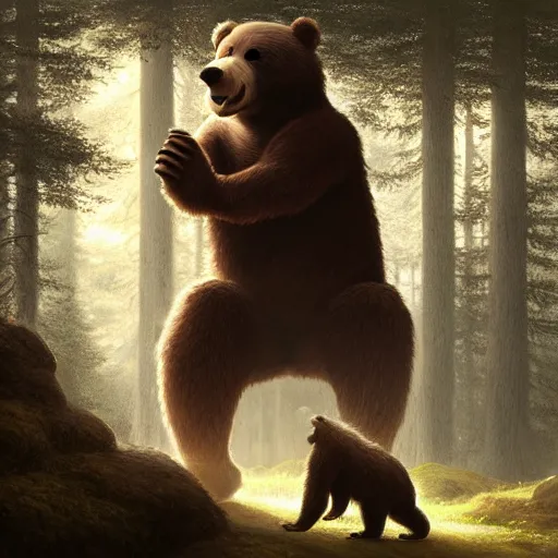 Image similar to a giant anthropomorphic bear singing on a stage in a forest, digital art, detailed face, highly detailed, calm, deviantart, art by greg rutkowski, artstation, natural lighting, dramatic