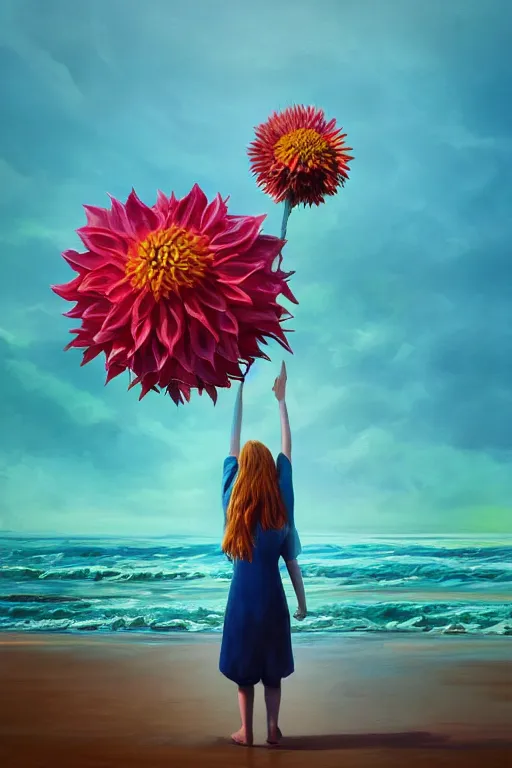 Image similar to closeup giant dahlia flower head, girl standing on beach, surreal photography, blue sky, sunrise, dramatic light, impressionist painting, digital painting, artstation, simon stalenhag