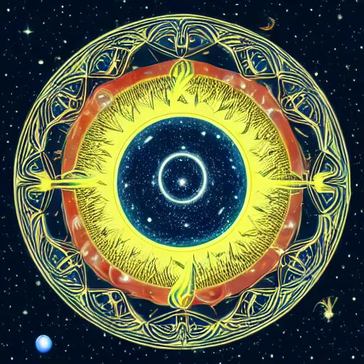 Image similar to a beautiful celestial sky with stars, planets and galaxies in the style of illuminated manuscript, circular abstract border with curly symmetrical designs, trending on artstation
