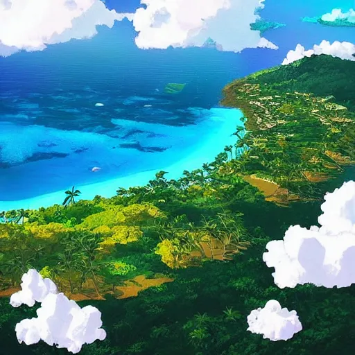 Prompt: “ a breathtaking aerial view of Hawaiian islands, surrounded by palm trees, clouds, flowers, volcano, azure ocean, sunlight glistening, glow, in the style of makoto shinkai and studio ghibli, vivid colours, hd wallpaper, 8k, trending on artstation”