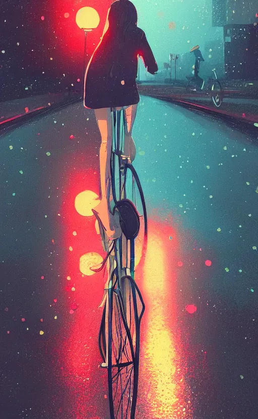 Prompt: a beautiful illustration of a woman riding a bicycle in a rainy night, fiery particles, anime aesthetic, midnight theme, depth of field, bokeh, composition study, featured on artstation, by ilya kuvshinov, vertical orientation