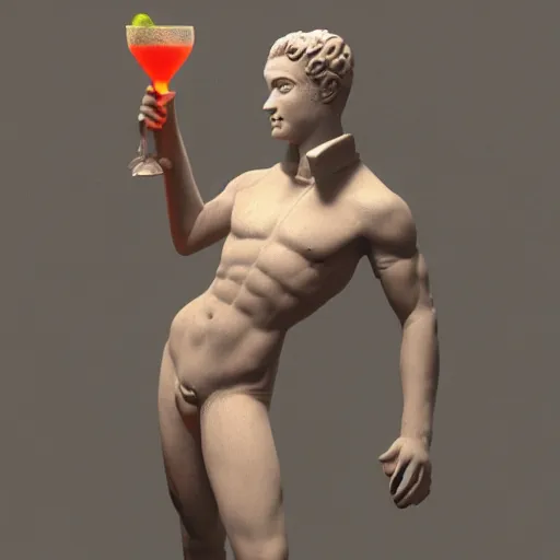 Prompt: medium shot of white reneissance statue holding a coctail, colorful coctail, digital painting, 3 d render