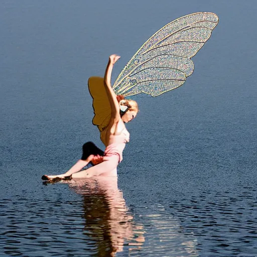 Image similar to flying fairy with wings timidly tipping toe into the center of a lake