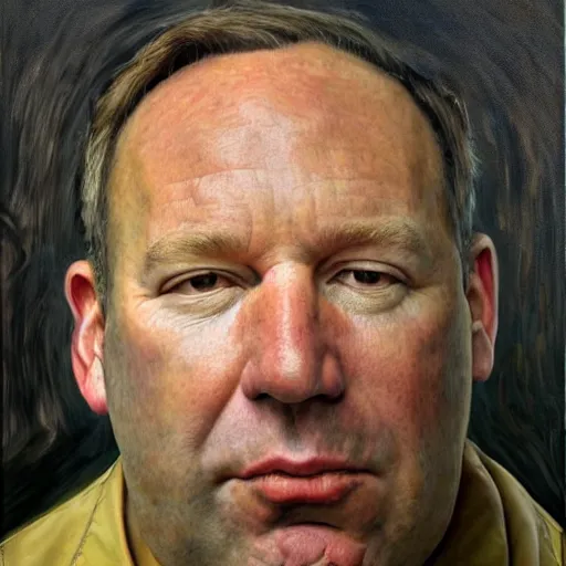 Prompt: high quality high detail painting by lucian freud, hd, exaggerated portrait of alex jones as a political prisoner, photorealistic, studio lighting