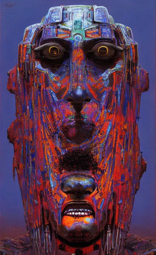 Image similar to portrait of mecha african tribal chief, symmetrical, dramatic lighting, colourful, art by zdzislaw beksinski,